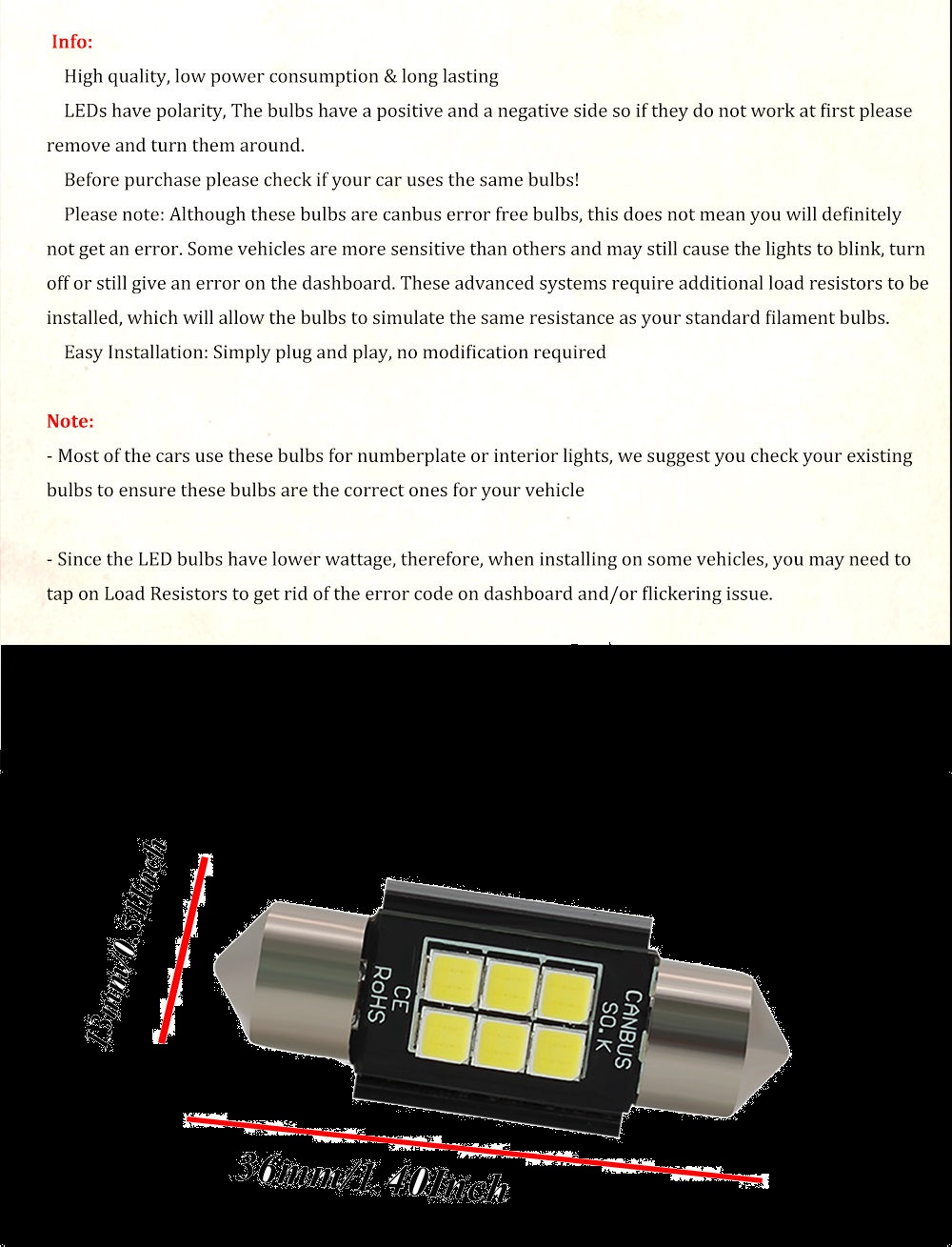 2PCS 36mm Festoon 3030 OSRAM 6SMD LED Dome Door Map Trunk Light Canubs No Error