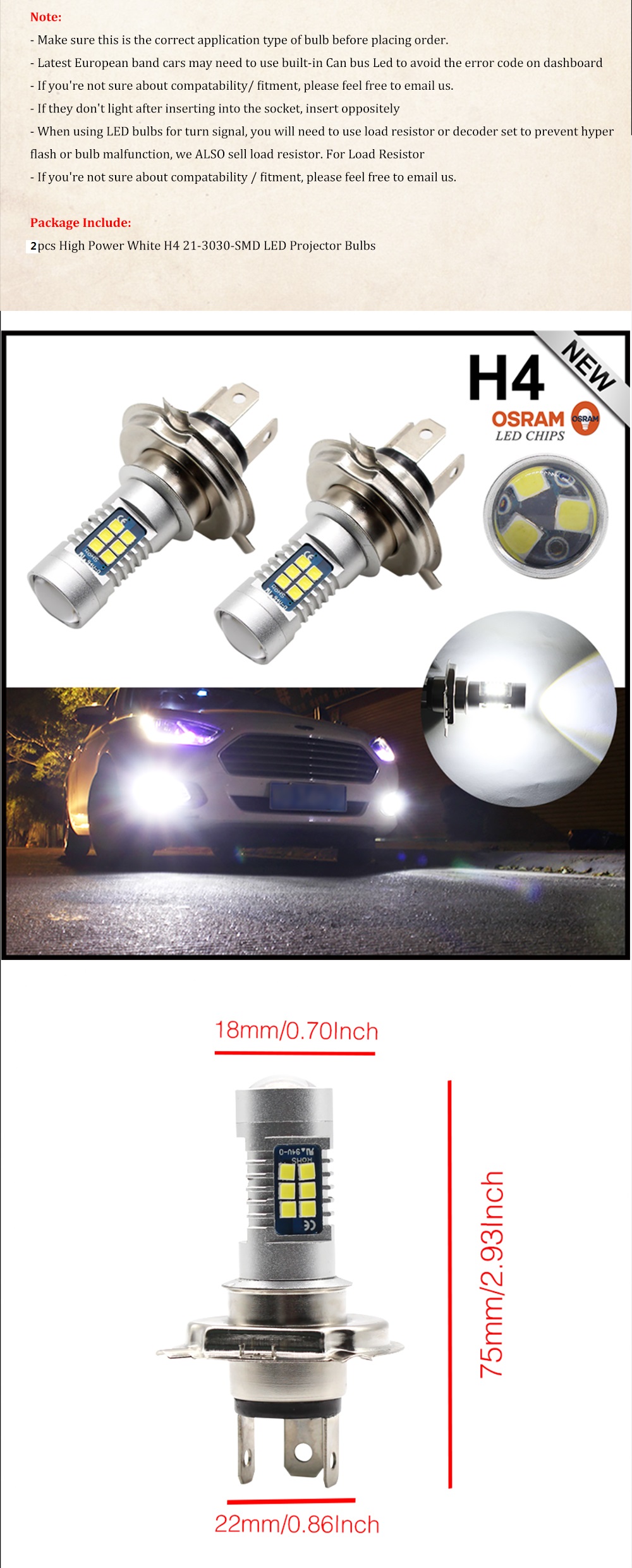 2PCS H4 3030 21 SMD LED Projector Car Truck Front Fog Lamps Driving Lights 12V 24V