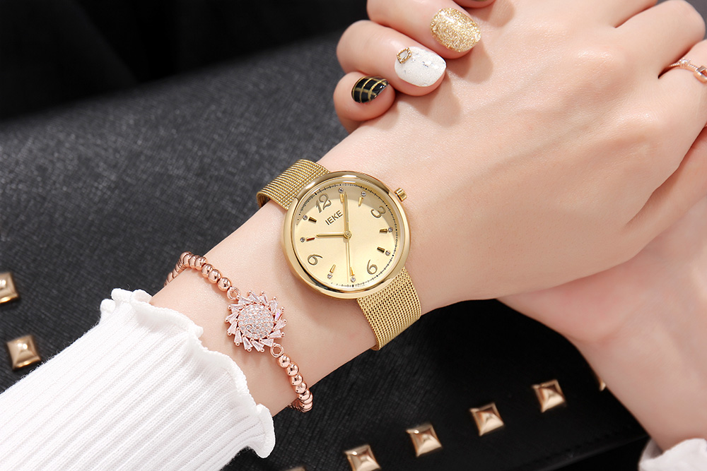 IEKE8807 Fashion Ladies Rose Gold Women Watches Elegant Minimalism Rhinestone Casual Black Female Clock