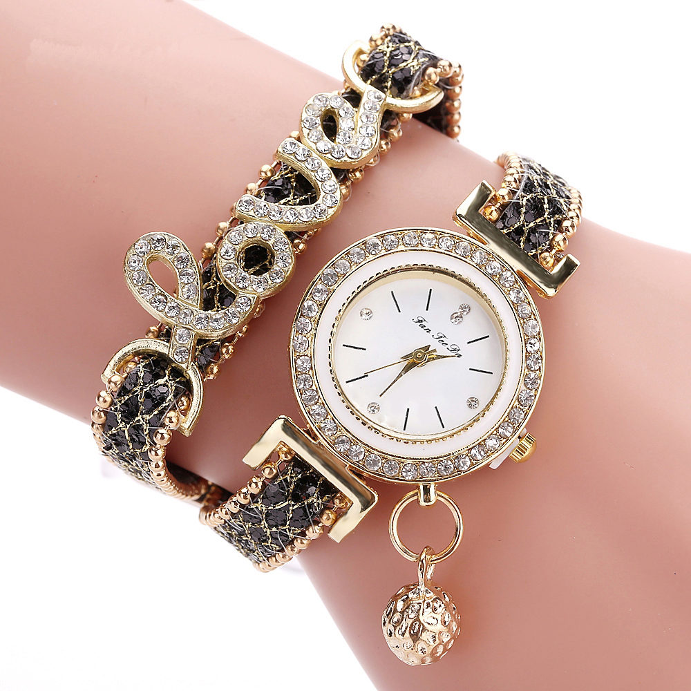 Women'S Bracelet Watch Chic Rhinestone Inlay Double Layers Alloy Quartz Watch