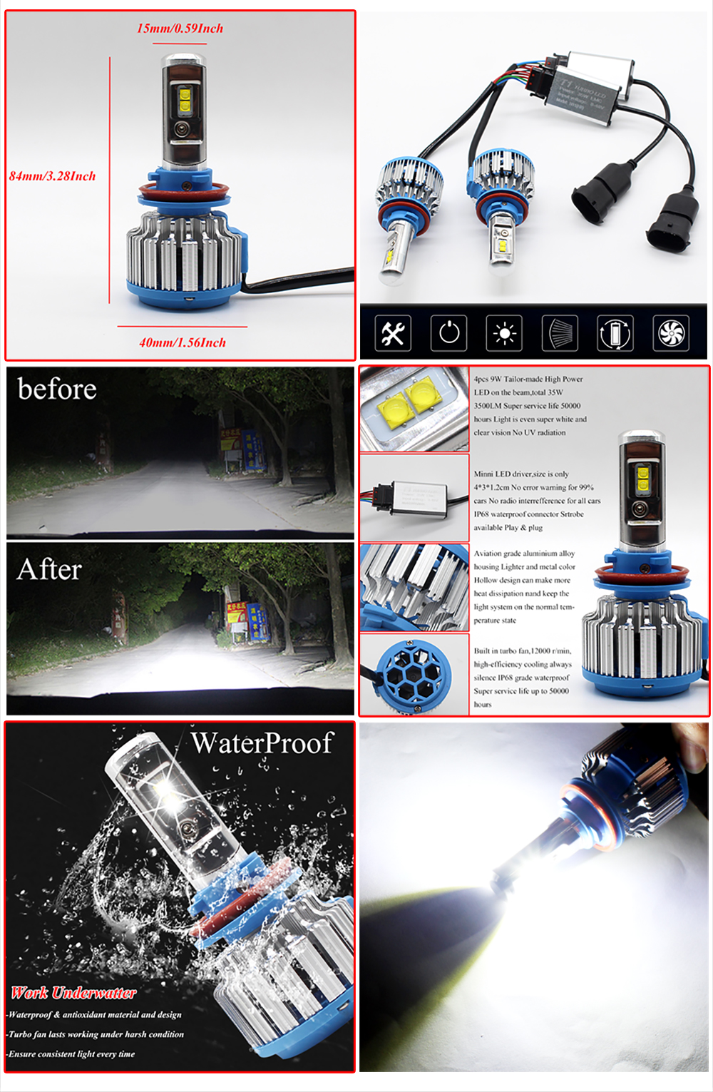 H8/H11 70W LED Car Fog Headlight Kit Canbus Error Free 6000k White 7000LM