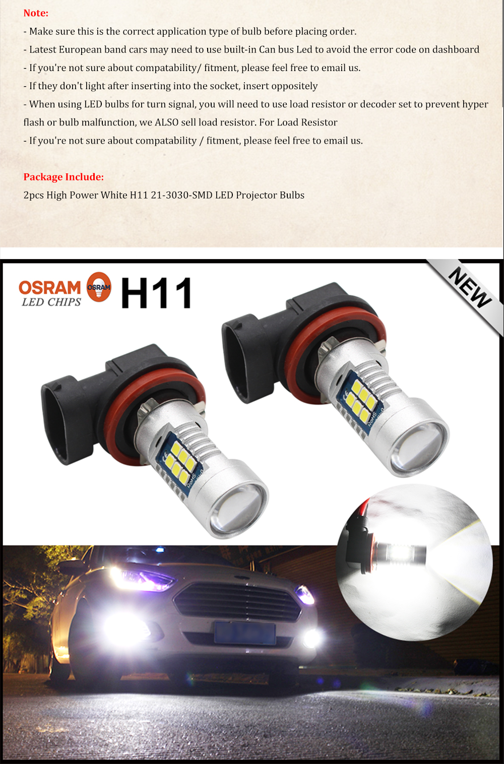 2PC H11/H8 10W High Power 3030 21 SMD LEDs Car FogLight Lamp DRL White Light Bulbs