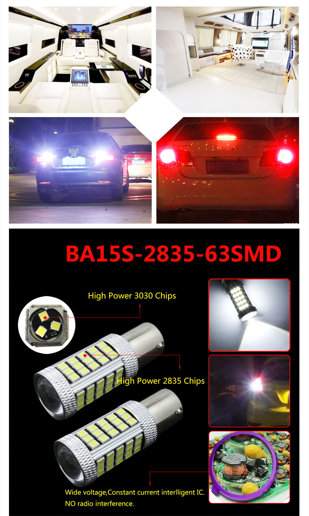 2PCS Super White 63smd High Power 1156 BA15S 2835 Headlight lamp LED bulbs 12-24v