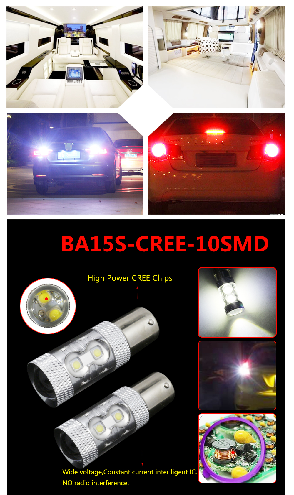 2PCS 6000K White High Power 1156 BA15S CREE 10-SMD 3W LED Light bulbs 12V 1141