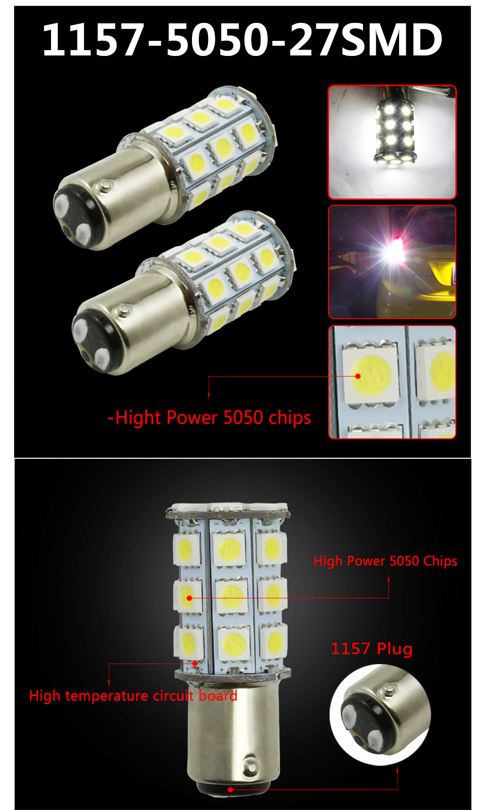 10PCS 1157 BAY15D Car 6000K 27-SMD 5050 LED Tail Turn Signal Light Lamps Bulbs Xenon White