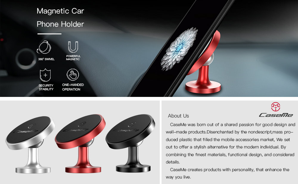 CaseMe Adjustable 360 Degree Rotation Universal Strong Magnetic Round Car Holder For Mobile Phones
