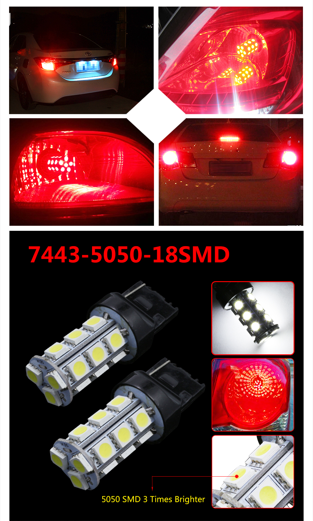 10PCS T20 7440 7443 White 18-SMD 5050 Reverse Brake/Stop/Turn Tail Back Up LED Light Bulb