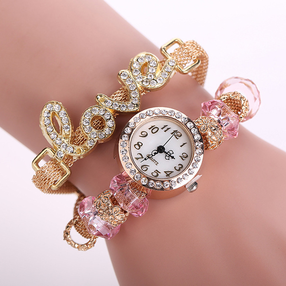 Fashion Women Wrist Love Word Bracelet Leather Ladies Bracelet Quartz Timepiece Casual Watch