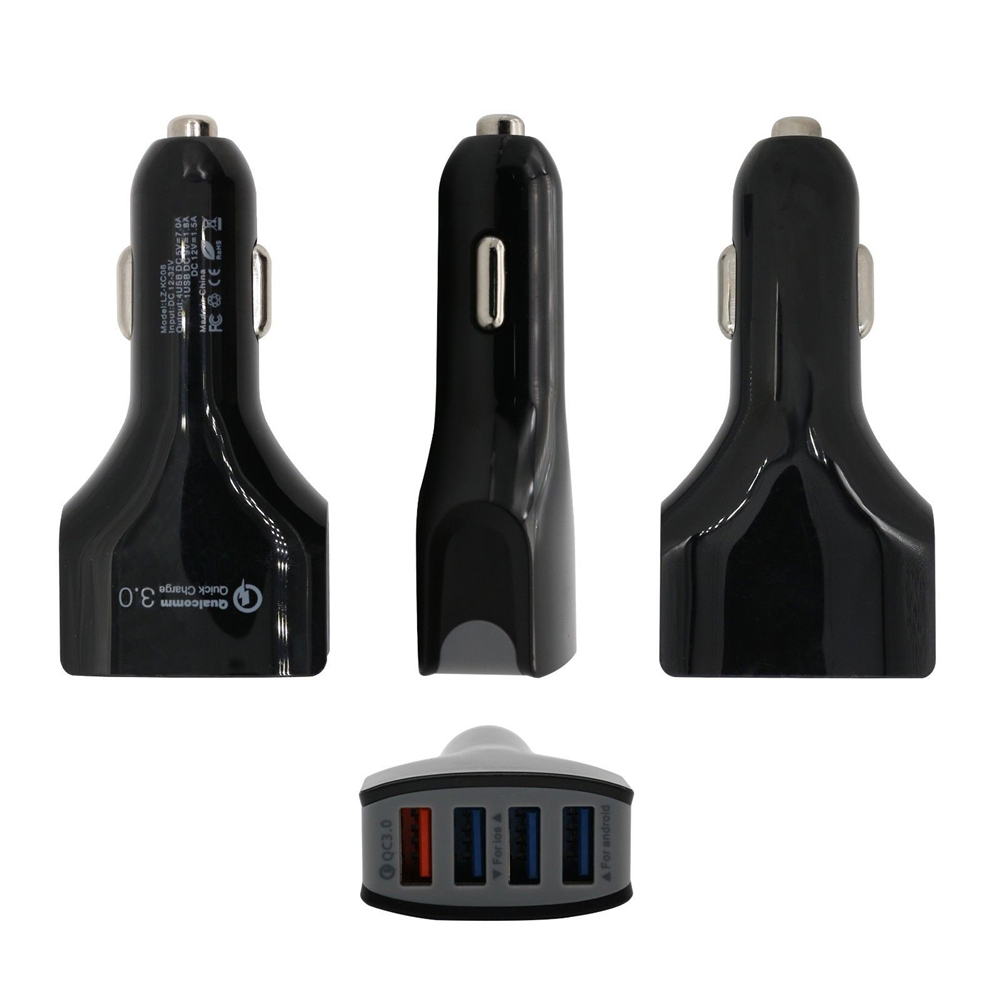 QC3.0 Quick Charge Adaptive 4 Port USB Fast Car Charger + Quick Charge Usb 3.1 Type-C Charging Sync Cable Set 100cm