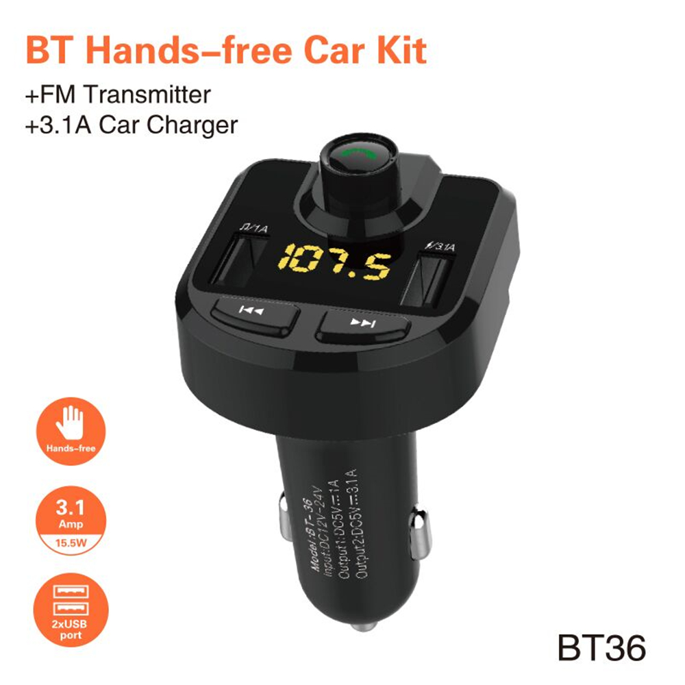 Bluetooth Handsfree Car Kit With FM Transmitter and 3.1A Car Charger BT-36