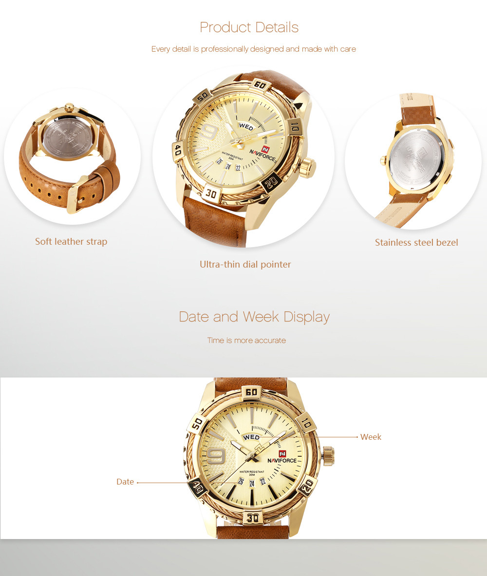NAVIFORCE 9117L Male Wristwatch Water-resistance Business Quartz Watch with Date / Week Display
