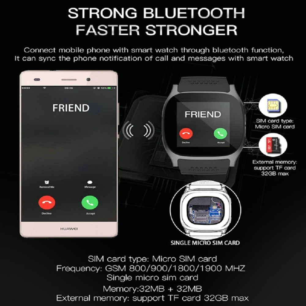 T8 Bluetooth Smart Watch Smart Watch With Camera Facebook Whatsapp Support SIM TF Card Call Smartwatch For Android