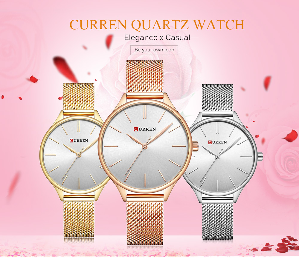 CURREN 9024A Female Quartz Watch Casual Knitted Stainless Steel Band Ultra-thin Wristwatch for Women
