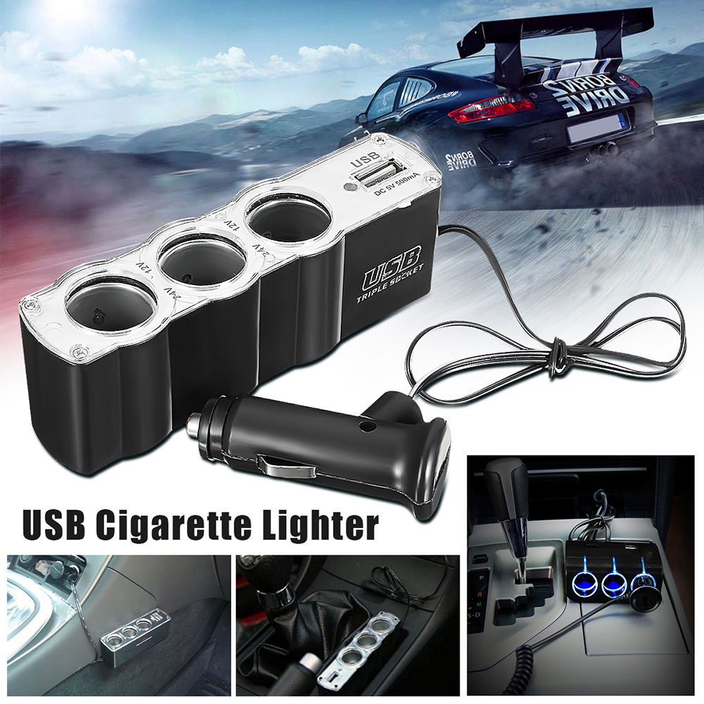 New Car Smoke Lighter Socket Splitter 3-Way USB Charger Adapter DC 12V +USB Port