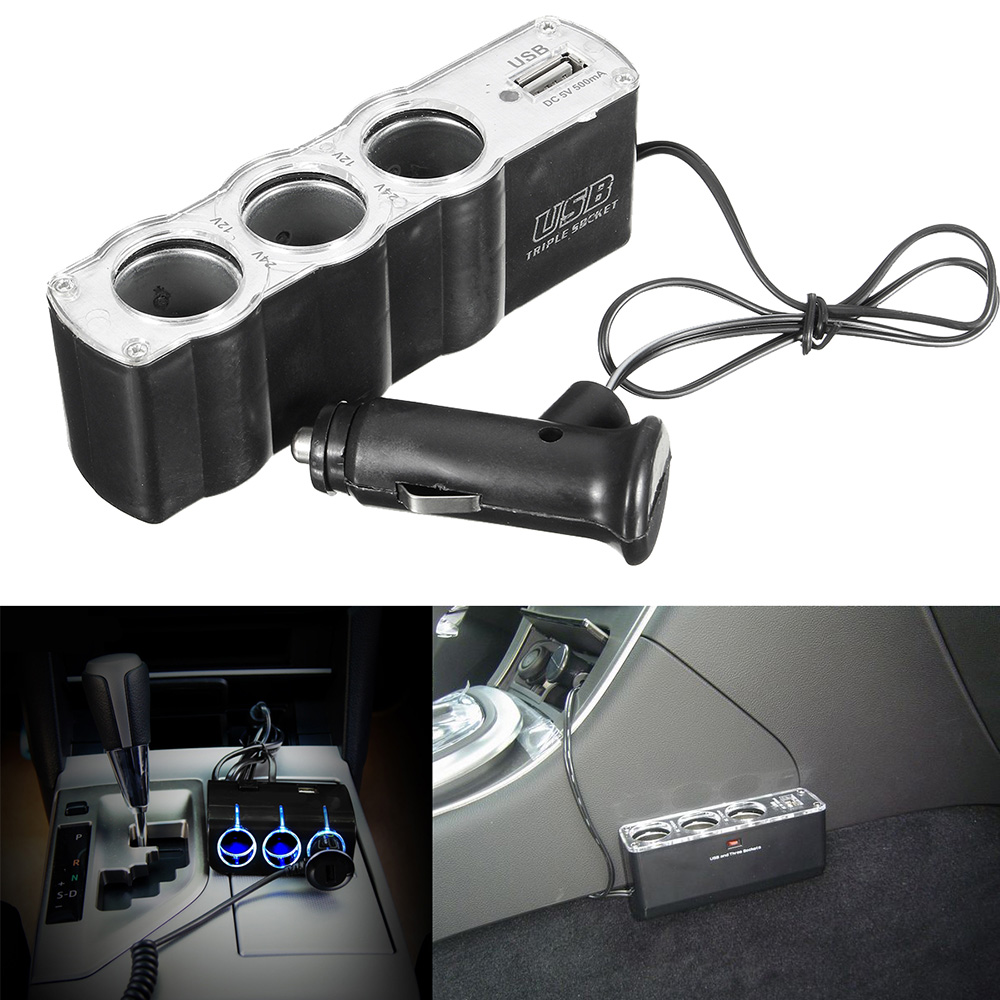 New Car Smoke Lighter Socket Splitter 3-Way USB Charger Adapter DC 12V +USB Port