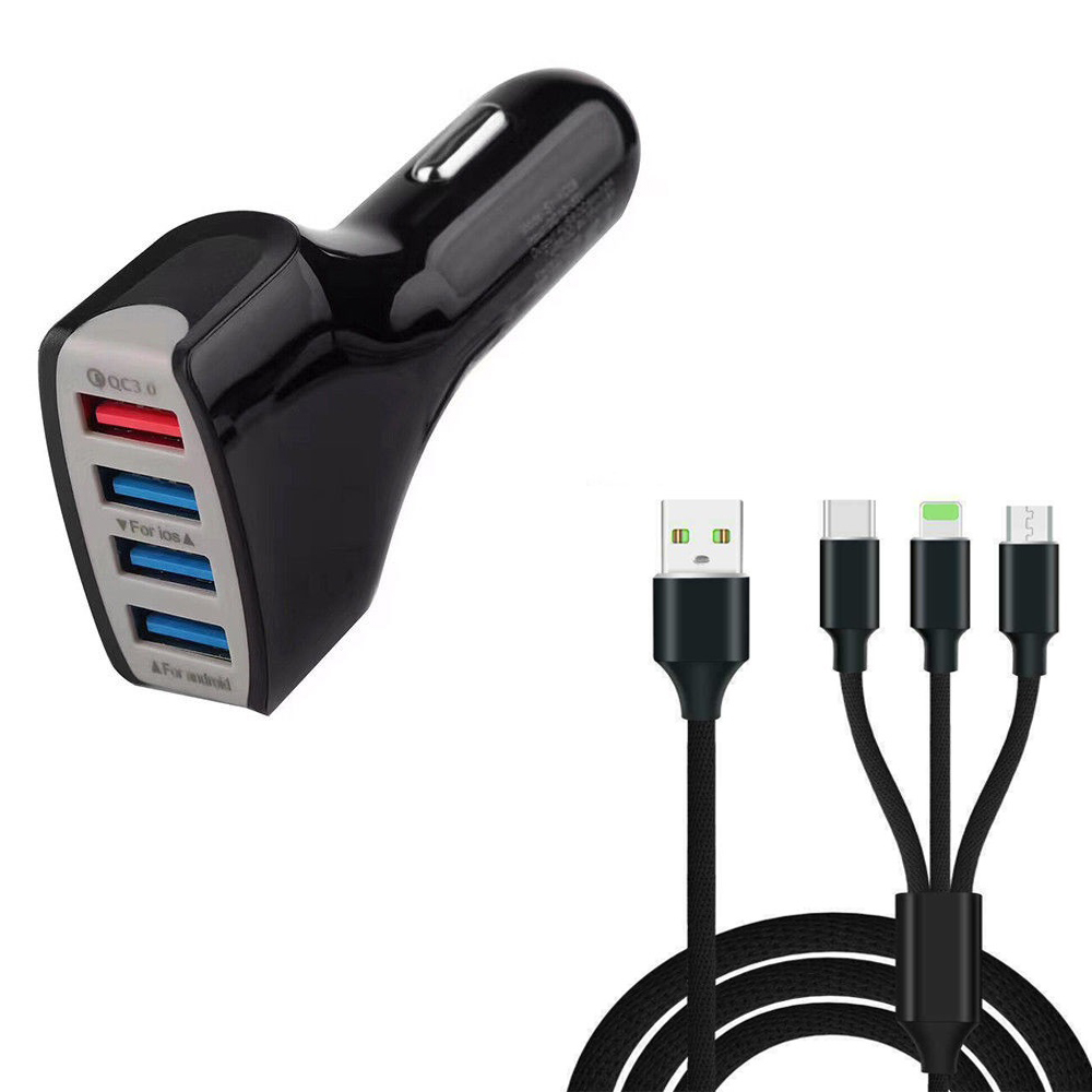 QC3.0 Quick Charge Adaptive 4 Port USB Fast Car Charger + 3 in 1 Type-C + 8 Pin + Micro USB Data Charging Cable