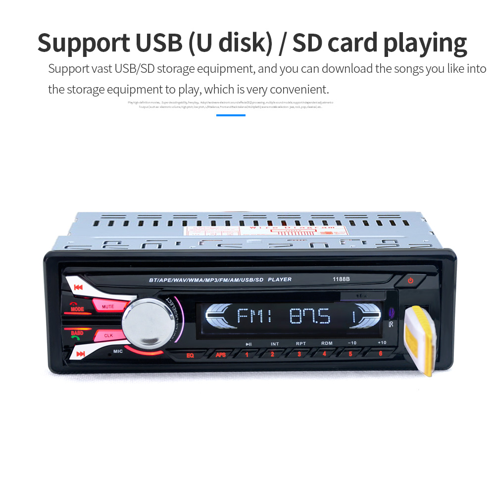 1188B FM Car Radio 12V Bluetooth V2.0 Detachable Front Panel Auto Audio Stereo SD MP3 Player AUX USB Hands-free Call