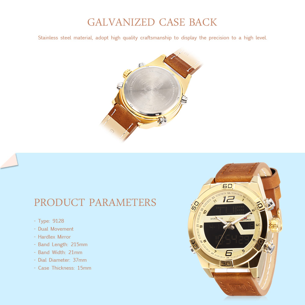 NAVIFORCE 9128 Male Dual Movt Watch Digital Calendar Display LED Backlight Luminous Wristwatch for Men