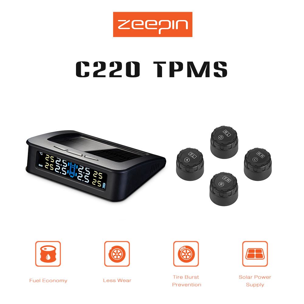 ZEEPIN C220 Solar Powered TPMS Car Tire Pressure Monitor System 4 External Sensors
