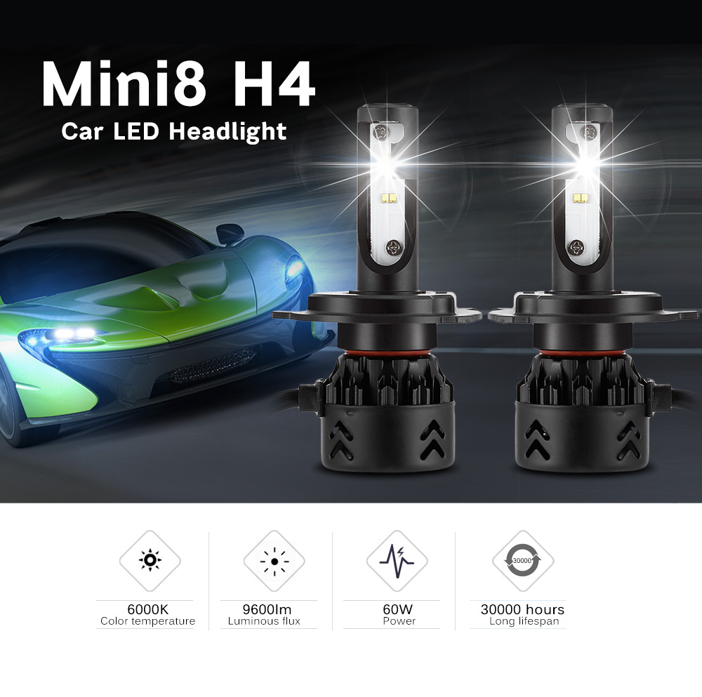 Mini8 H4 60W Car LED Headlight Waterproof 6000K 9600lm