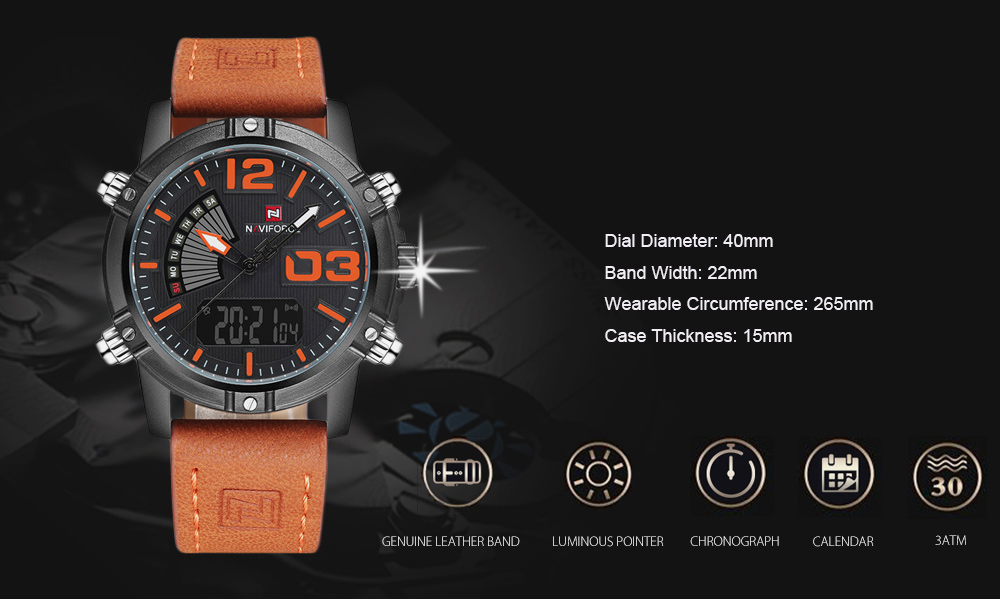 NAVIFORCE NF9095M Men Dual Movt Watch Luminous Calendar LED Light 3ATM Wristwatch