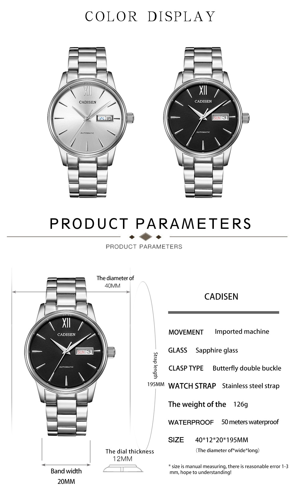Cadisen C1032 Men Stainless Steel Brand Clock Automatic Watch