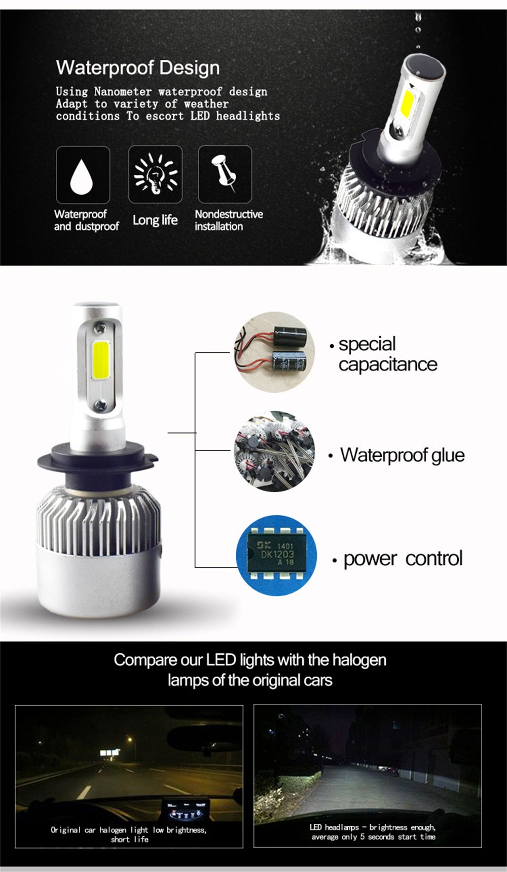 2 x H7 Super Bright Light Bulb Low Beam High Power LED Car Lamp 6500K White