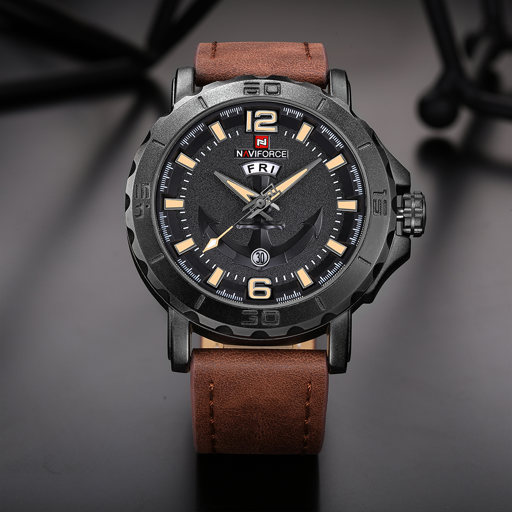 Naviforce Leather Strap Sports Watches Men Quartz Clock Military Wrist Design