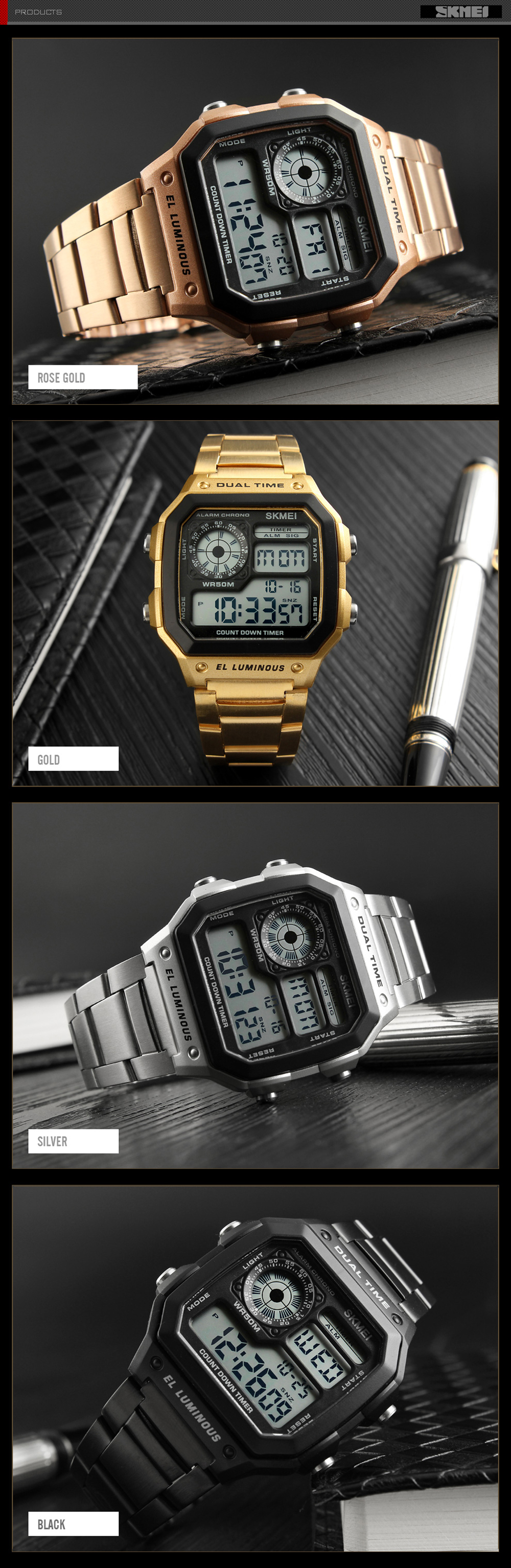 SKMEI Men Sports Waterproof Watch Stainless Steel Fashion Digital Wristwatches