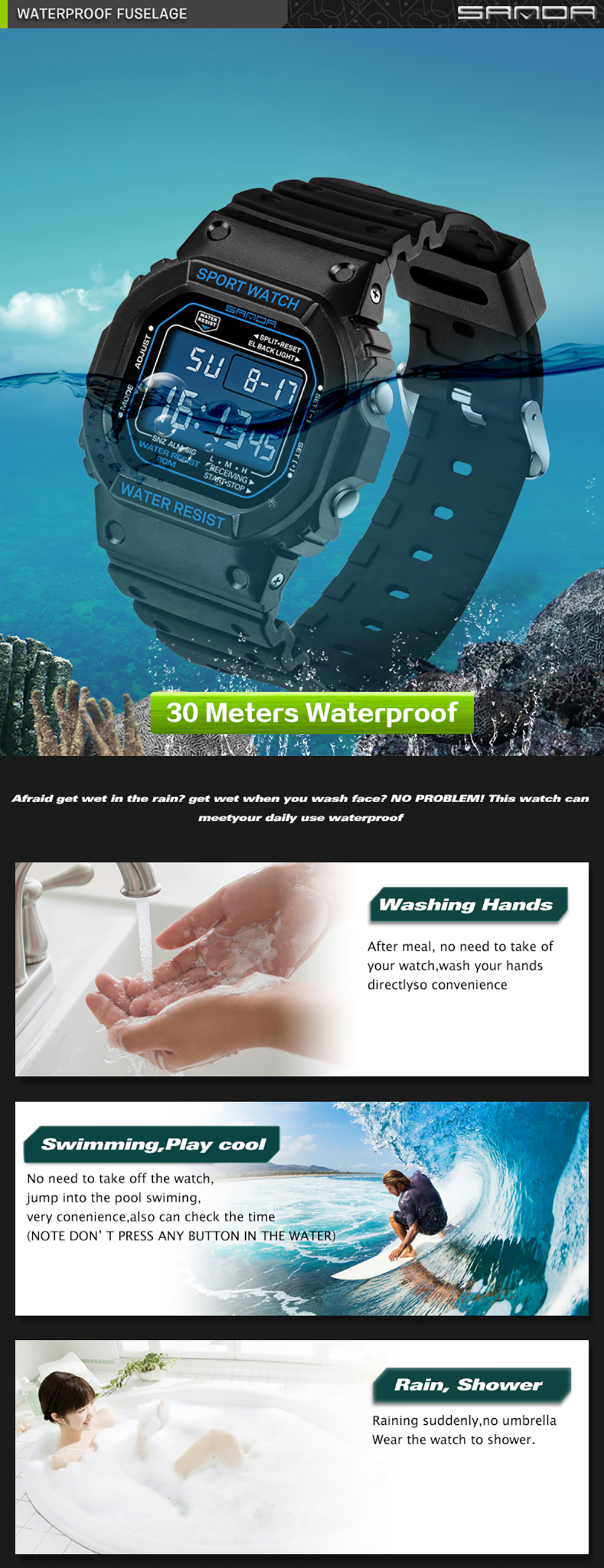 SANDA 329 Digital Men Waterproof Diving LED Watch