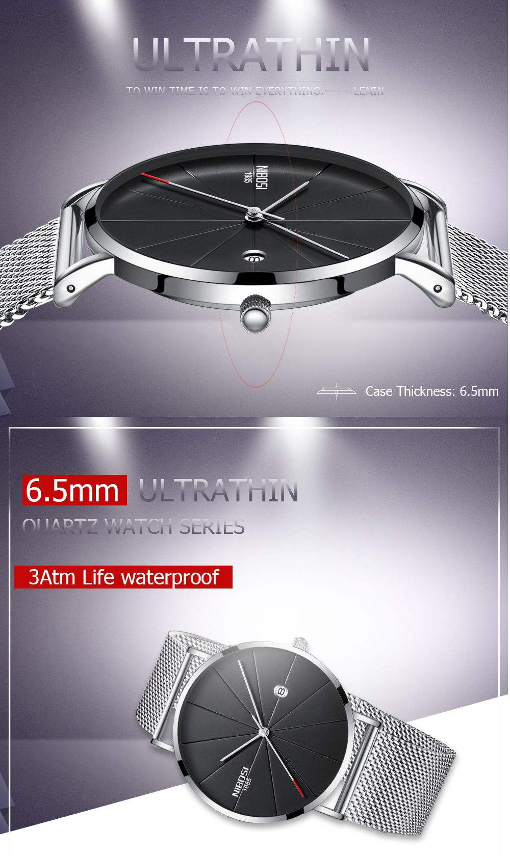 NIBOSI 2321 Scratch Design Waterproof Mesh Belt Quartz Wrist Watch for Male