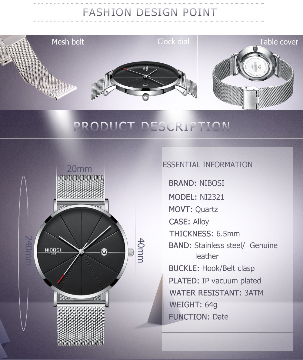 NIBOSI 2321 Scratch Design Waterproof Mesh Belt Quartz Wrist Watch for Male