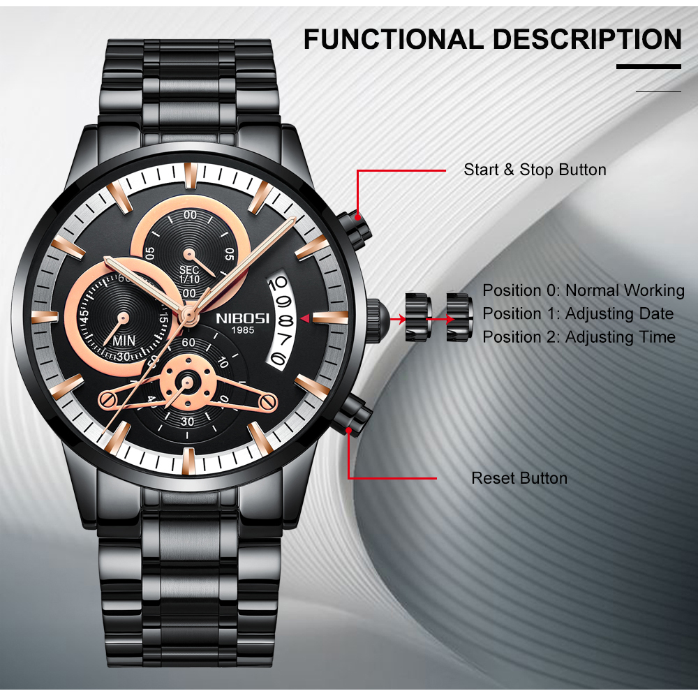 NIBOSI 2309-1 Scratch Design Stainless Steel Band Business Luminous Quartz Watch