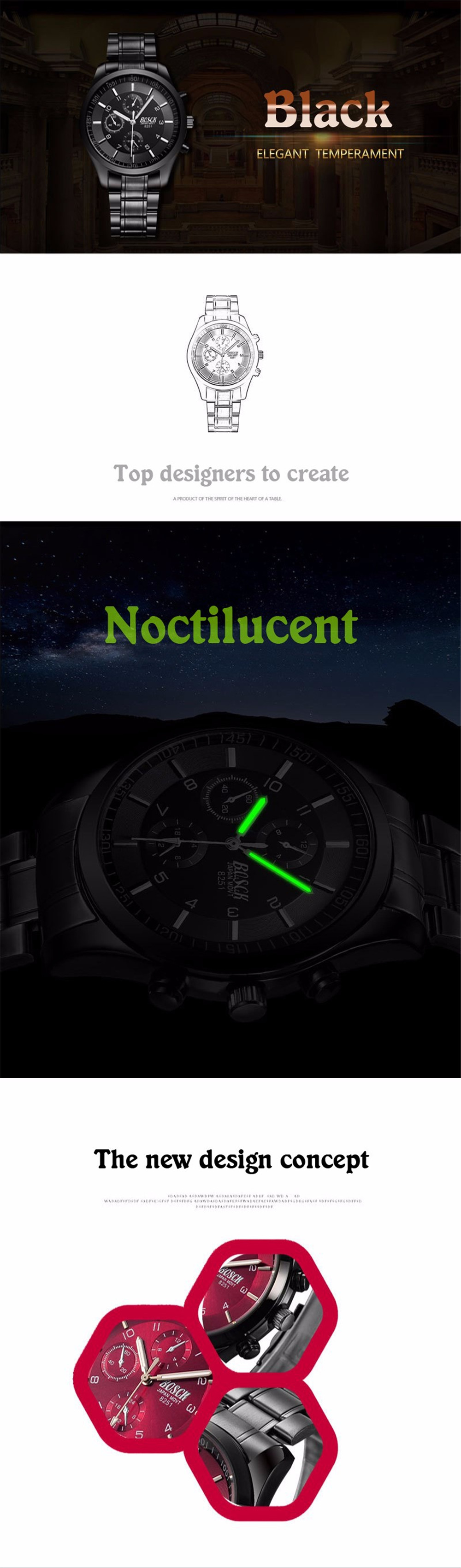 Bosck Male Recreational Noctilucent Waterproof Stainless Steel Quartz Watch