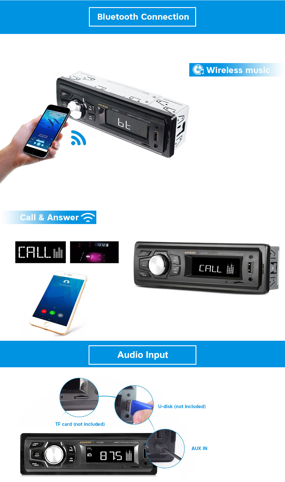 AOVEISE AV320 2.8 inch LCD Screen Car MP3 Player Bluetooth FM Radio