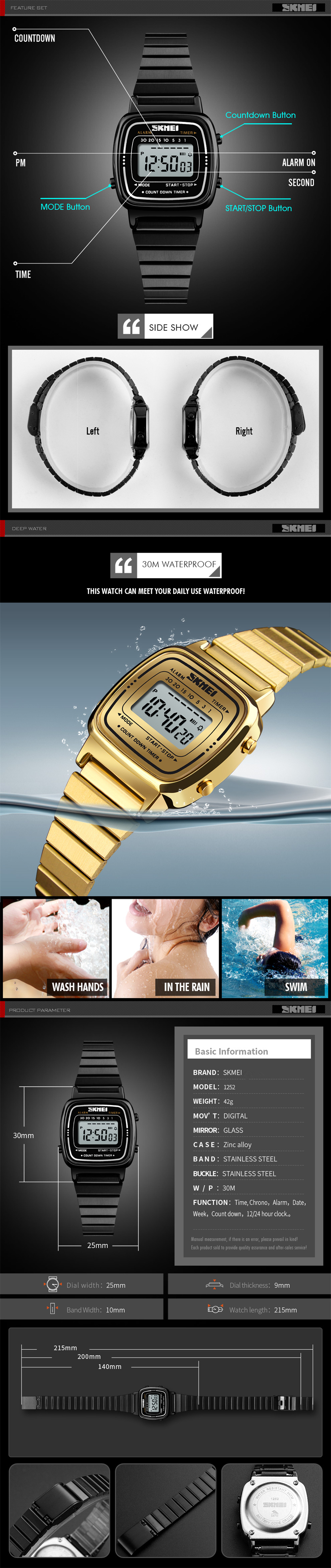 SKMEI Women Waterproof Countdown LED Digital Lady Dress Alarm Wrist Watch