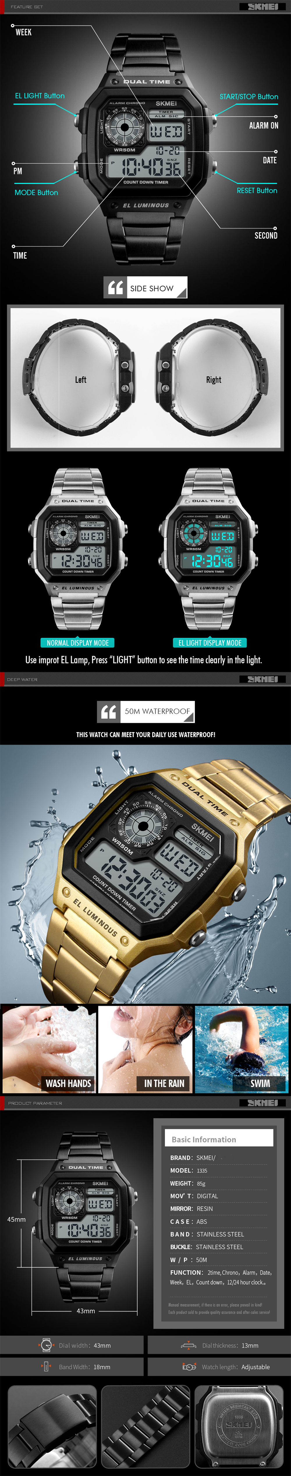 SKMEI Men LED Digital Alarm Sport Watches Stainless Steel Military Wrist Watch