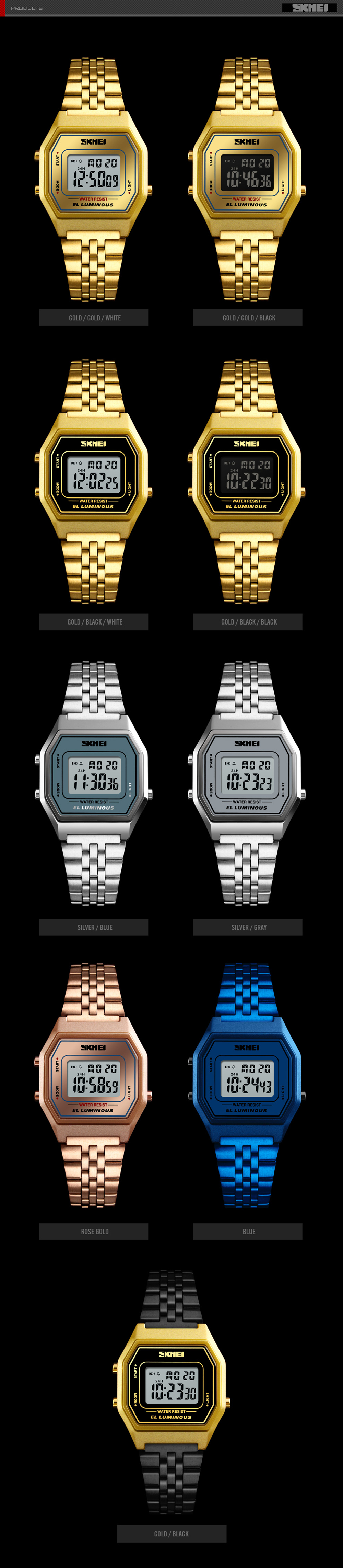 SKMEI Men's Sport Waterproof Golden Stainless Steel Fashion Digital Wrist Watch