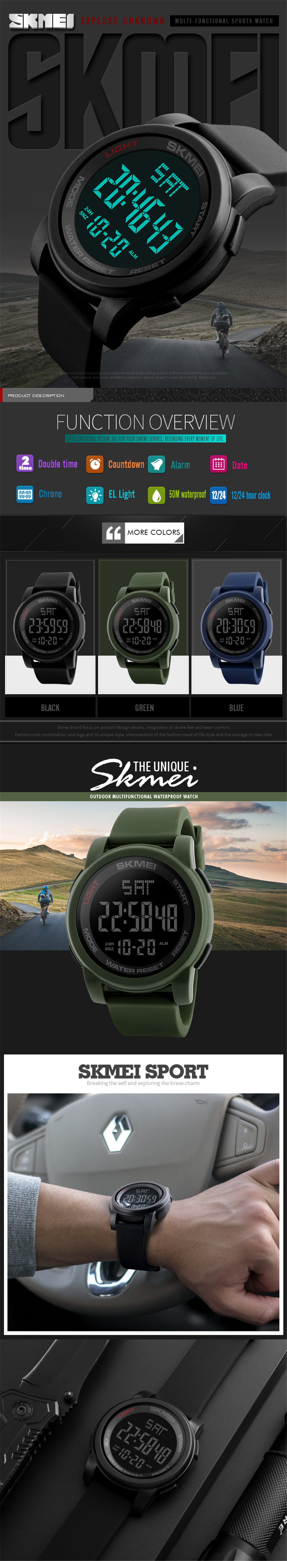 Men Sports Outdoor Sports Multi-Function Electronic Watch