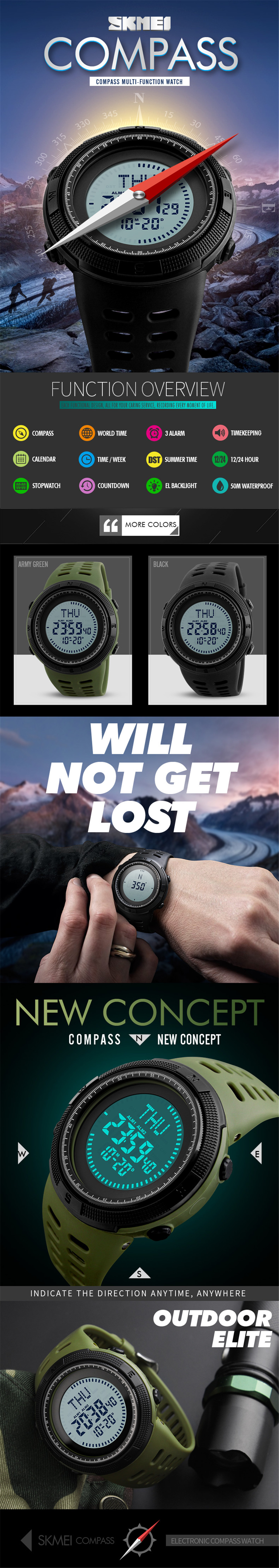 Skmei Men's Watch Sport Compass LED Digital Electronic Clock