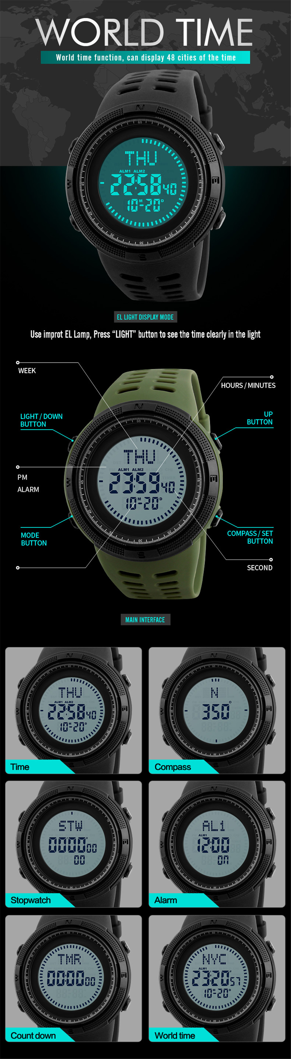 Skmei Men's Watch Sport Compass LED Digital Electronic Clock
