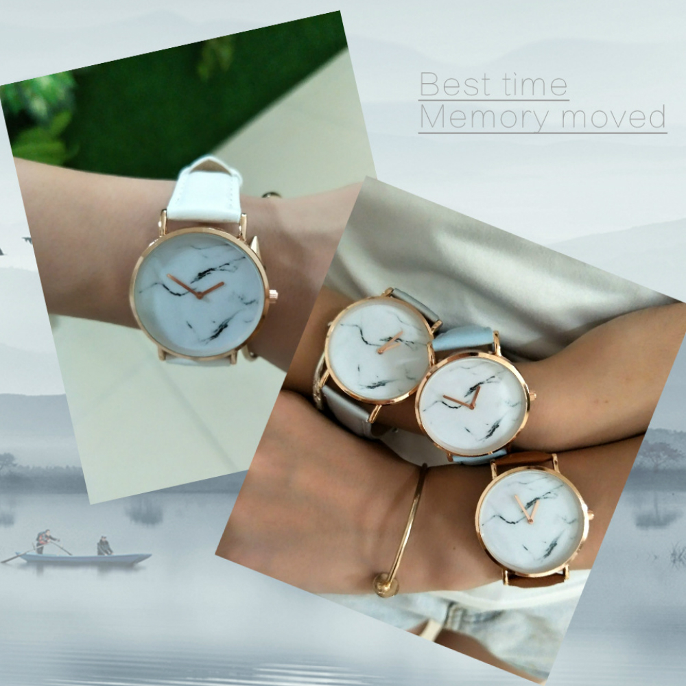 V5 Women Retro Style Simple Marble Pattern Round Dial Quartz Wrist Watch