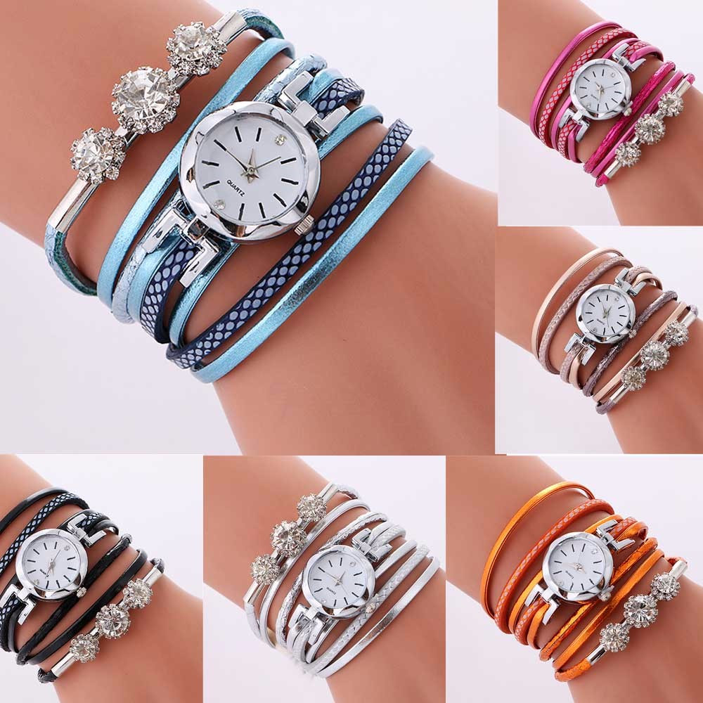 V5 Women Fashion Luxury Rhinestone Leather Bracelet Quartz Watch