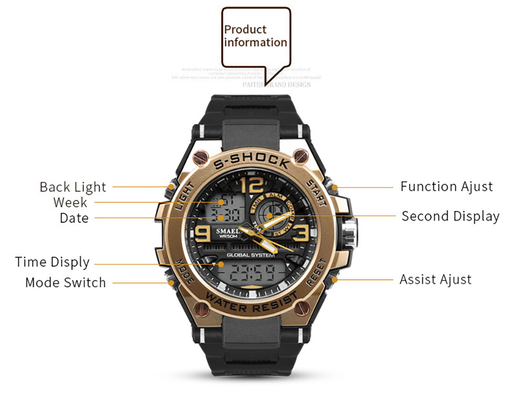 SMAEL Luxuly Men's Wrist Watch Gold Digital 50m Waterproof LED Clock