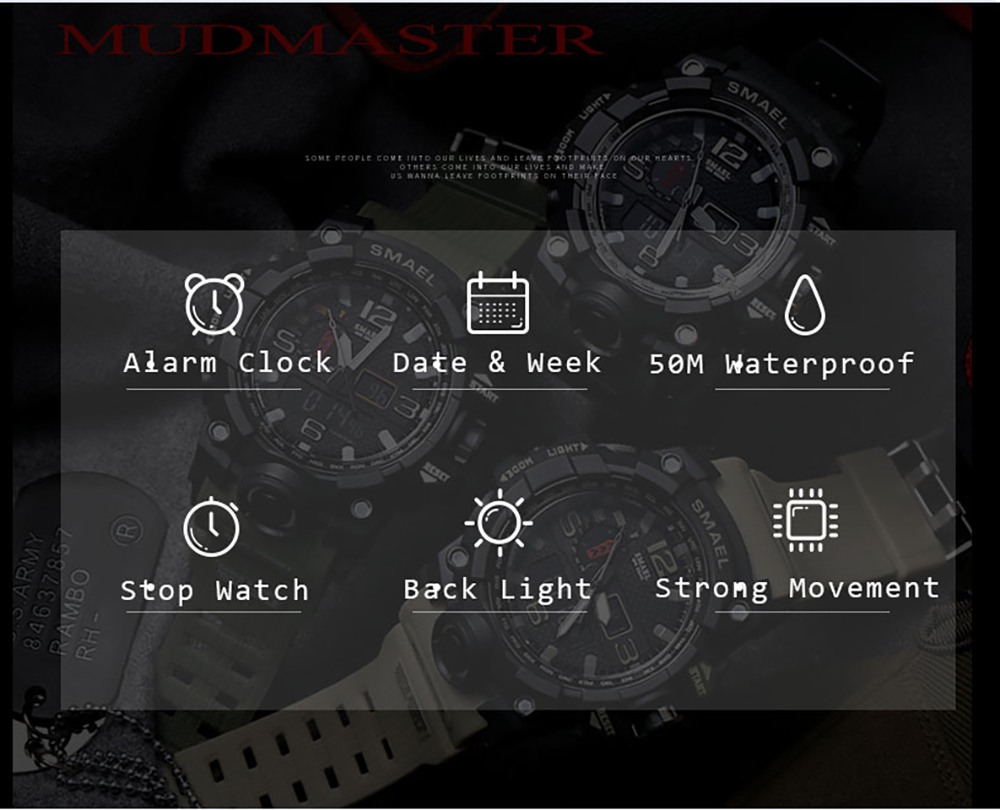 SMAEL Military 50m Waterproof Wristwatch LED Quartz Clock Sport Men Watch