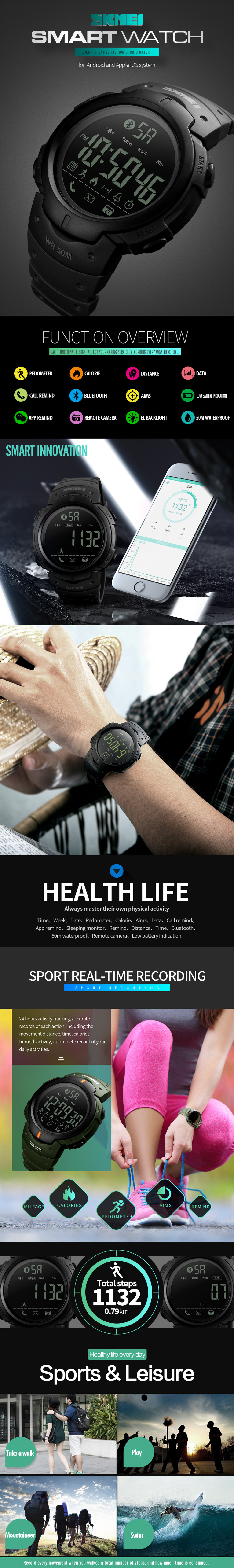 SKMEI Men's Sport Smart Watch Camera Calorie Reminder Digital Wristwatch