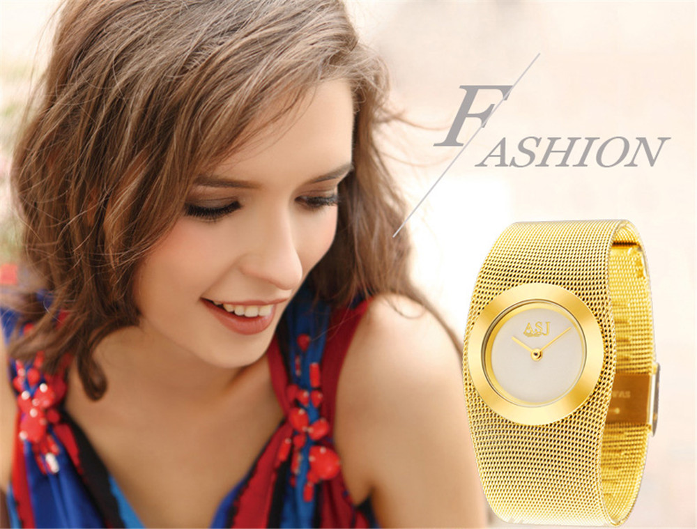 ASJ Fashion Gold Mesh Steel Luxury Bracelet Women Dress Quartz Watch