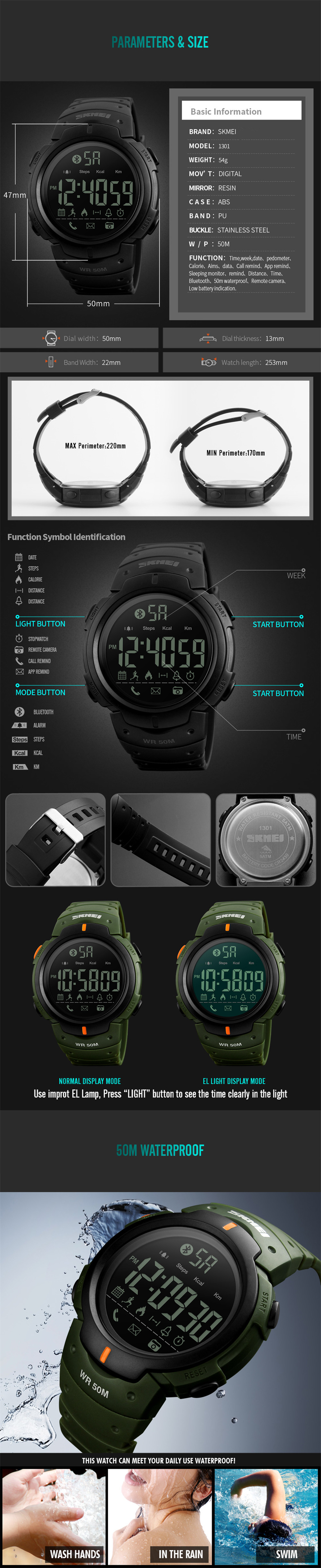 SKMEI Men's Sport Smart Watch Camera Calorie Reminder Digital Wristwatch