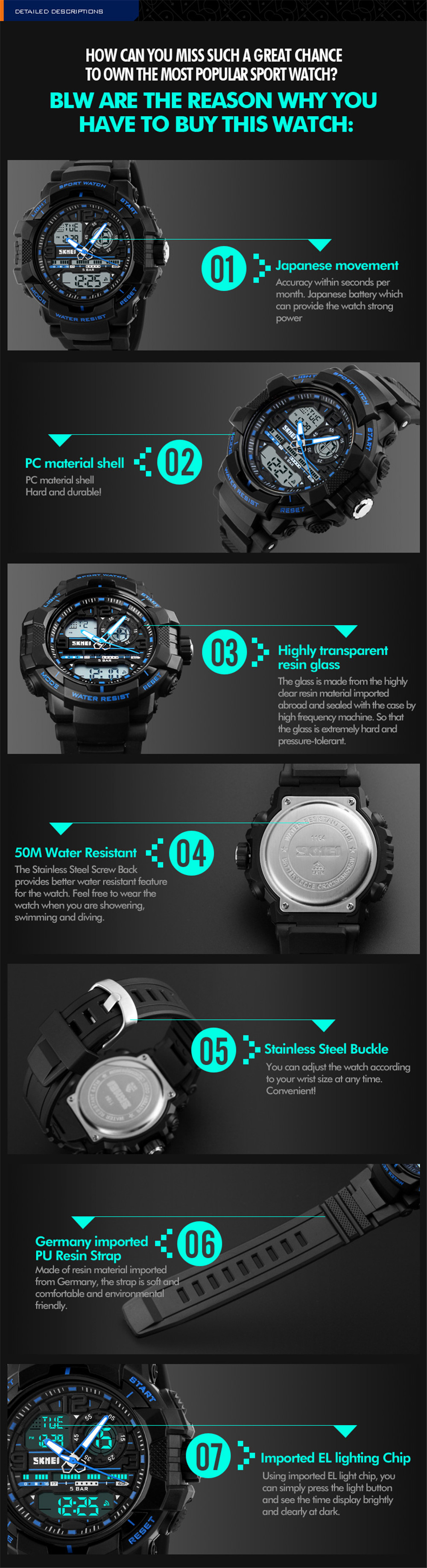 SKMEI Popular Men Quartz Digital Multifunction Waterproof Outdoor Wrist Watch
