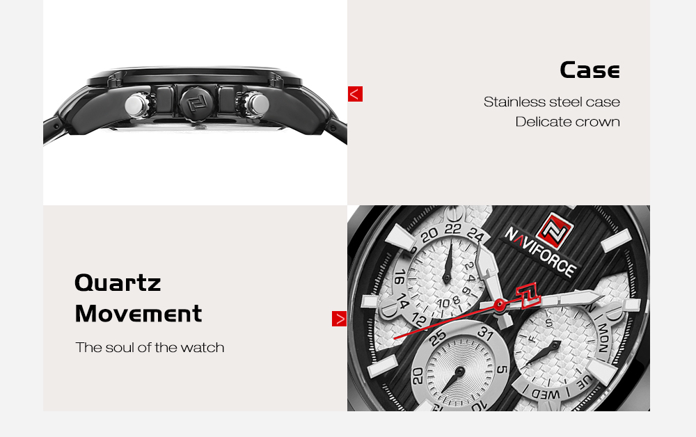 NAVIFORCE 9113 Male Quartz Watch 6 Pointers Stainless Steel Strap Wristwatch